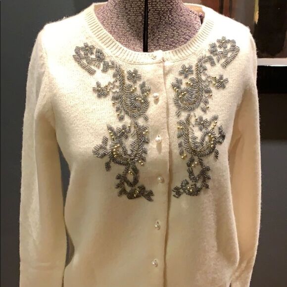 Eddie Bauer ivory wool blend beaded cardigan, new - Picture 1 of 6